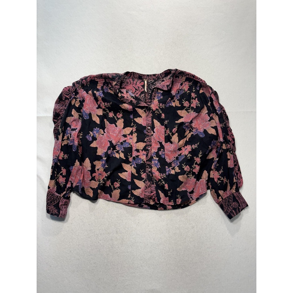 Free People Blouse Womens Medium Black Floral Round Neck Button Long Sleeve Top